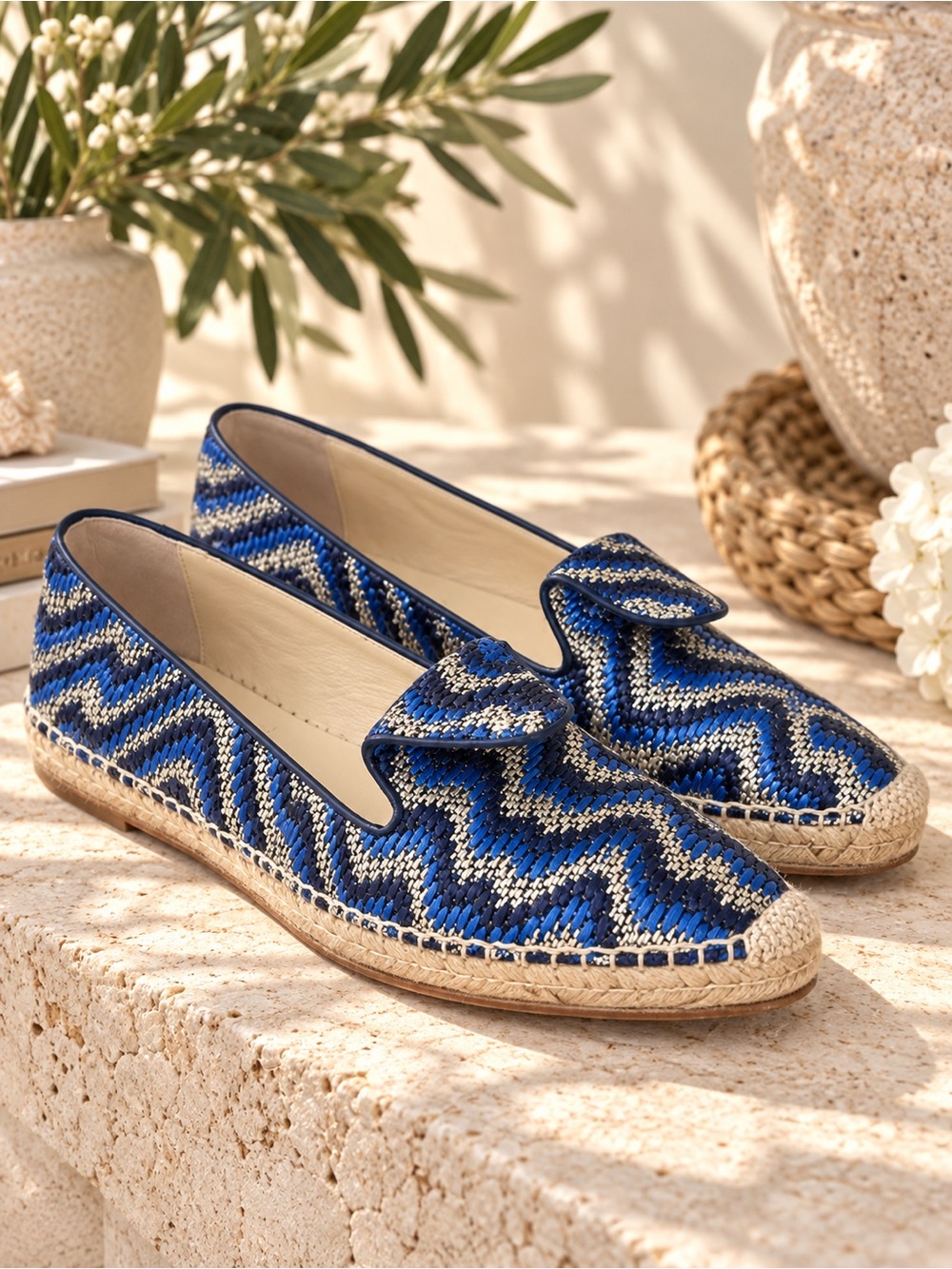Sarah Flint Andrea Blue Metallic Woven Espadrille Loafers Size 8 old money #58